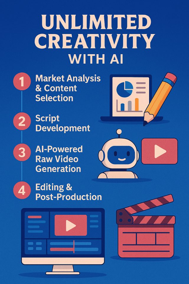 Unlimited creativity with AI: market analysis, script development, AI-powered video generation, editing and post-production